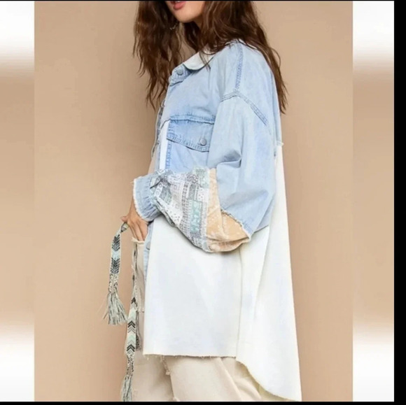 New! POL Oversized Contrast Denim Ivory Fabric Panels Button Down Shacket M - Picture 6 of 13